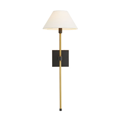 Imani Sconce. An antique brass steel pipe gives way to a white linen shade, with bronze details to contrast. Light Turned On.