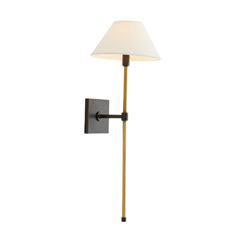 Imani Sconce. An antique brass steel pipe gives way to a white linen shade, with bronze details to contrast.