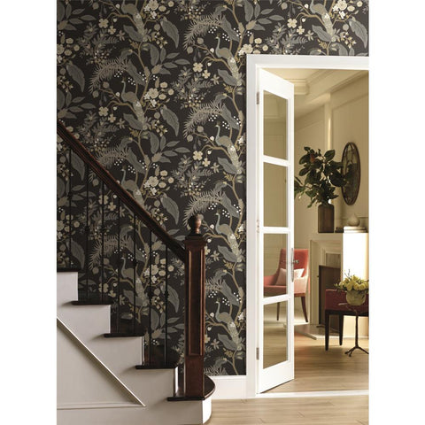 Peacock Floral Wallpaper, Black