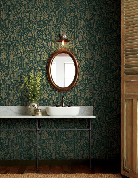 Toile Woodland Wallpaper, Emerald & Metallic