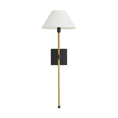 Imani Sconce. An antique brass steel pipe gives way to a white linen shade, with bronze details to contrast.