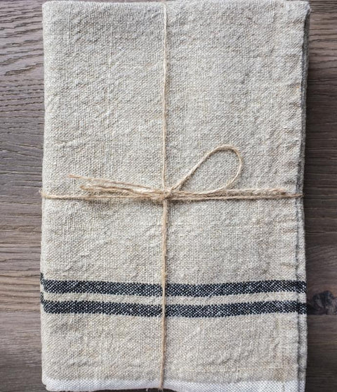 Vintage Linen Tea Towel- Natural/Black
